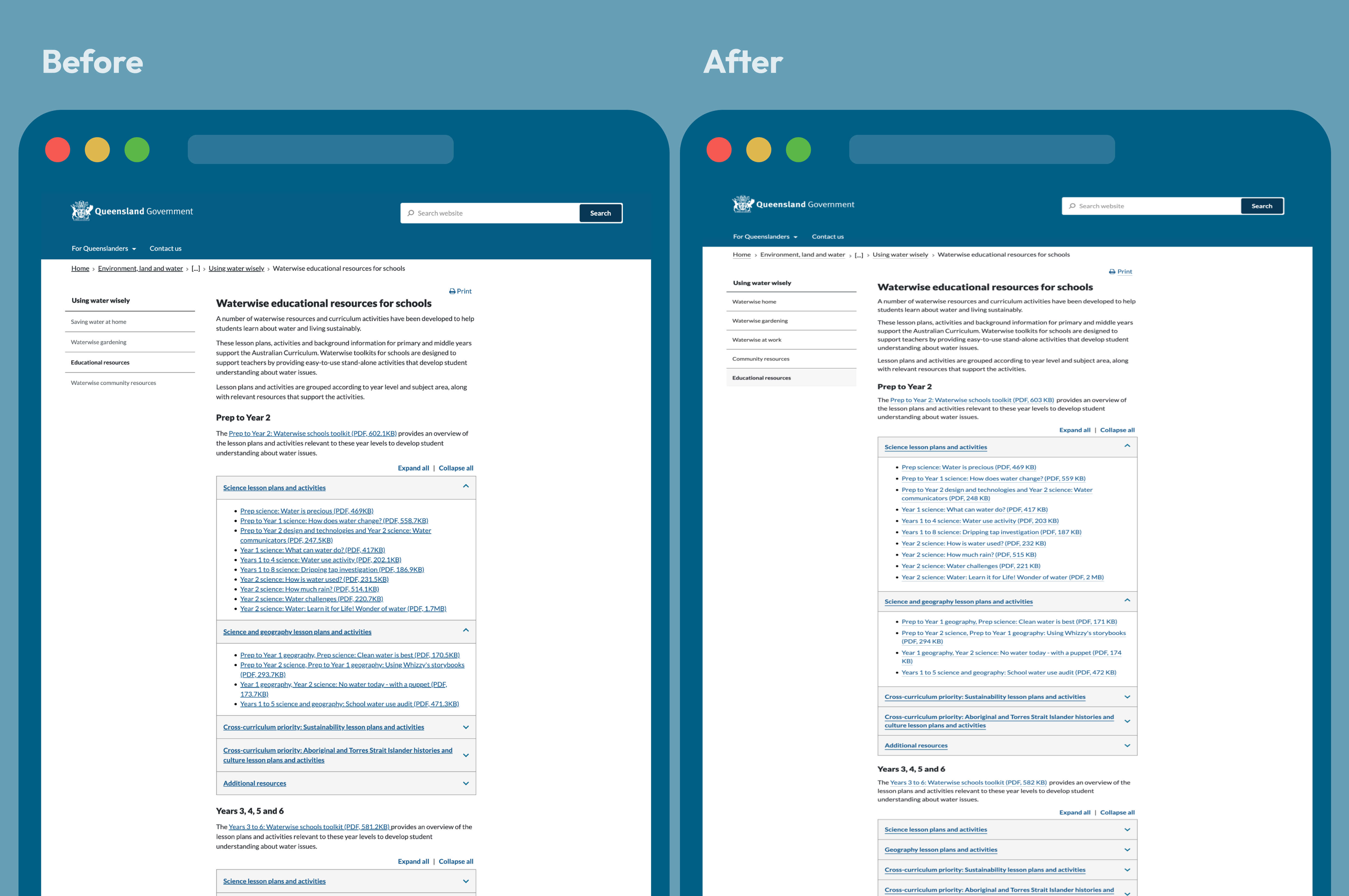 Side by side before and after image showing changes on a government website